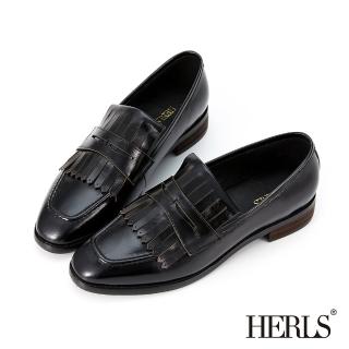 【HERLS】樂福鞋-英倫全真皮睫毛流蘇方頭低跟樂福鞋(黑色)