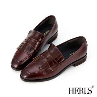 【HERLS】樂福鞋-英倫全真皮睫毛流蘇方頭低跟樂福鞋(酒紅色)