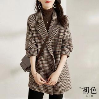【初色】西裝領中長款毛呢大衣外套-咖色千鳥-64660(M-2XL可選)