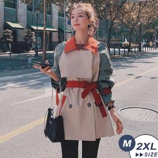【LANNI 藍尼】★撞色拼接短版寬鬆長袖風衣外套▼(撞色/短版外套/拼接/風衣外套)