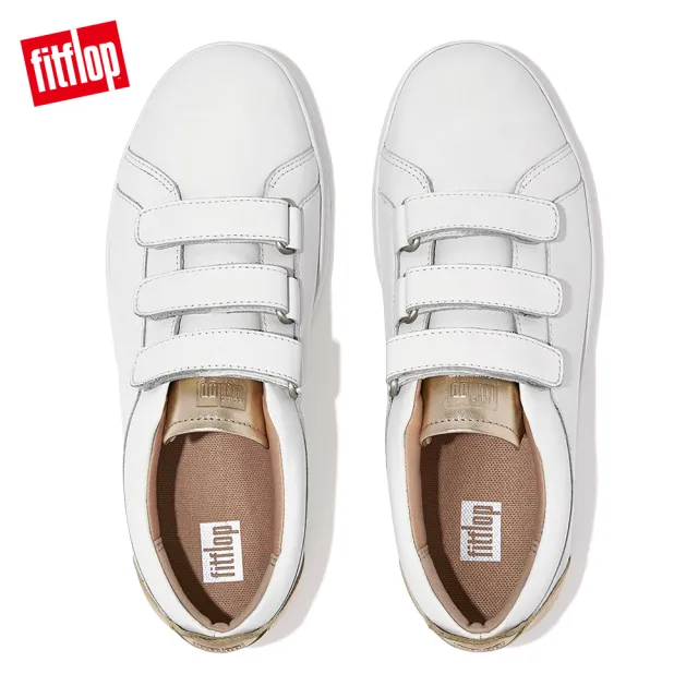 【FitFlop】RALLY METALLIC-BACK LEATHER STRAP SNEAKERS時尚魔鬼氈造型休閒鞋-女(都會白/金箔色)