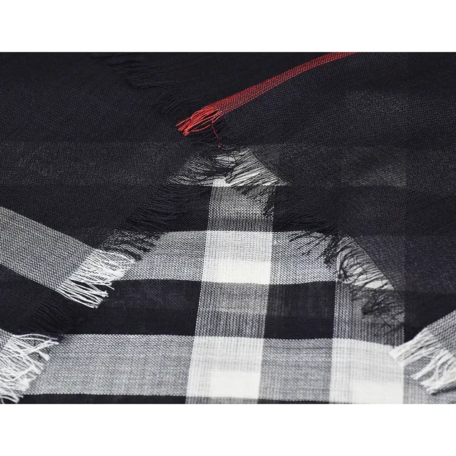 【BURBERRY 巴寶莉】BURBERRY復古格紋設計羊毛蠶絲圍巾(海軍藍x白紅)