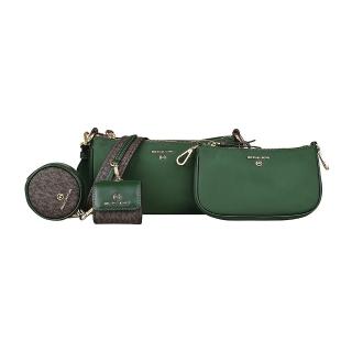【Michael Kors】MK MICHAEL KORS JET SET金字LOGO尼龍拉鍊4合1斜背子母包(深綠x深褐)