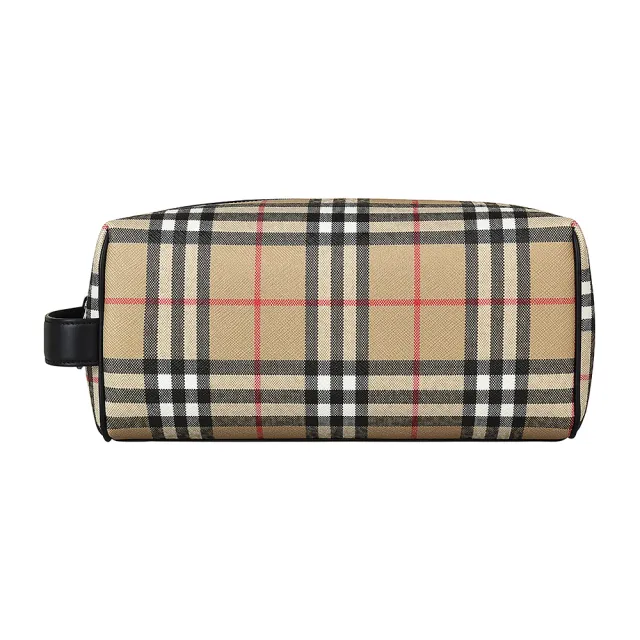 【BURBERRY 巴寶莉】BURBERRY Vintage經典格紋設計環保帆布拉鍊手拿旅行收納包(典藏米)