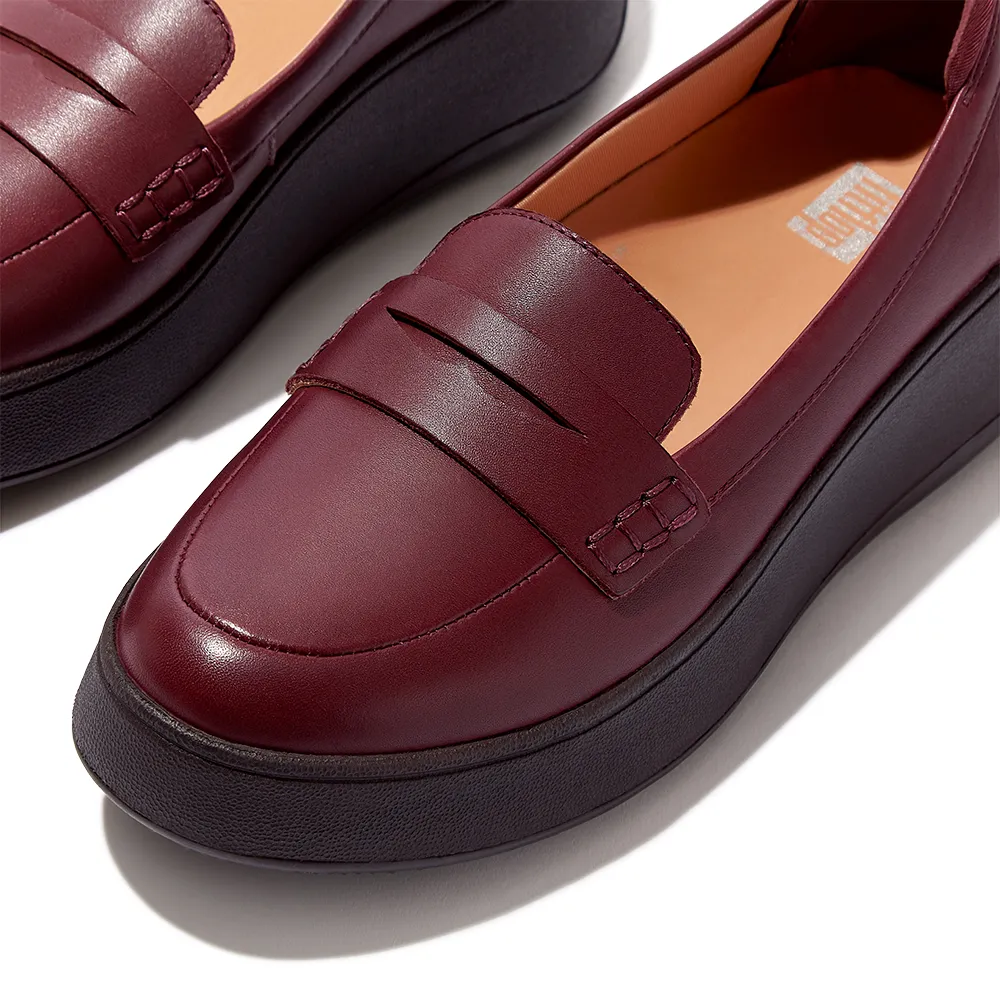 【FitFlop】F-MODE LEATHER FLATFORM PENNY LOAFERS經典造型皮革樂福鞋-女(梅紅色)