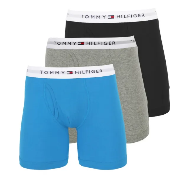【Tommy Hilfiger】男士內褲 前開設計 3件組 純棉 平口四角內褲 長版貼身版型(寶藍+灰+黑 3件組)
