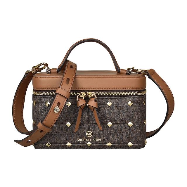 【Michael Kors】MK MICHAEL KORS JET SET CHARM金字LOGO格紋PVC飾鉚釘拉鍊手提斜背包(深棕x橡子棕)