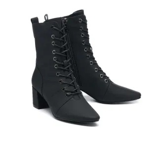 【AS 集團】簡約摩登LOGO拉鍊牛皮小方頭高跟短靴(黑)