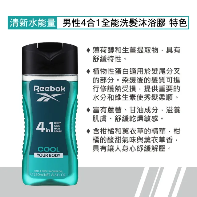 【REEBOK】清新水能量男性4合1全能洗髮沐浴膠 250ml(專櫃公司貨)
