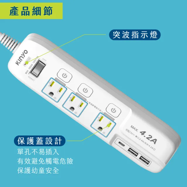 【KINYO】4開3插高溫斷電延長線1.8M(USB/TypeC充電 GIU-3436)