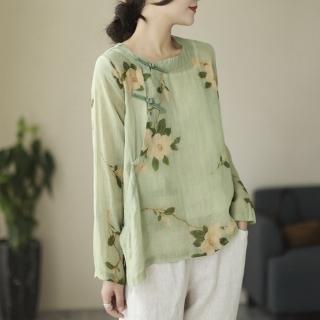 【Paiya 派亞】秋復古文藝國風茶服長袖印花苧麻棉麻襯衫(M-2XL)