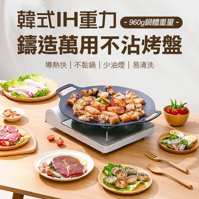 【ROYAL LIFE】韓式IH重力鑄造萬用不沾烤盤-特大款(圓形麥飯石雙耳 露營煎炒 韓式烤盤 鑄造烤盤)