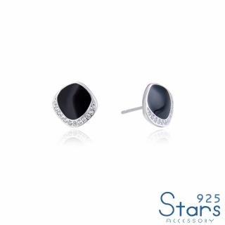 【925 STARS】純銀925微鑲美鑽黑色釉彩方塊造型耳環(純銀925耳環 釉彩耳環 方塊耳環)