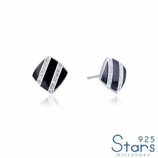 【925 STARS】純銀925微鑲美鑽黑色滴釉方塊造型耳環(純銀925耳環 滴釉耳環 方塊耳環)