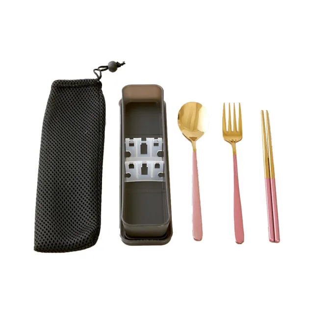 【邸家 DEJA】便攜餐具三件組- 粉金(餐叉、餐勺、筷子+防塵袋)