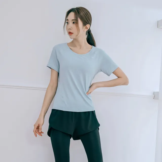 【BODYAIR】親膚S拼線上衣+假兩件柔韌九分褲套組(瑜珈.運動.慢跑.透氣.舞蹈.運動服.運動褲)