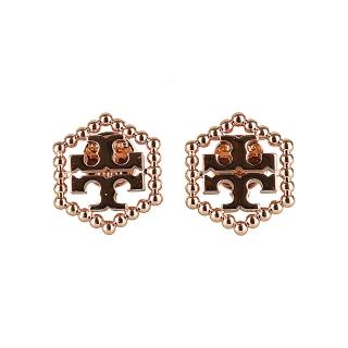 【TORY BURCH】TORY BURCH Milgrain Hex玫瑰金字雙T LOGO圓珠六邊形設計針式耳環(玫瑰金)