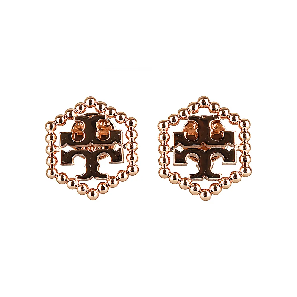 【TORY BURCH】TORY BURCH Milgrain Hex玫瑰金字雙T LOGO圓珠六邊形設計針式耳環(玫瑰金)