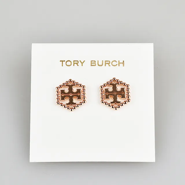 【TORY BURCH】TORY BURCH Milgrain Hex玫瑰金字雙T LOGO圓珠六邊形設計針式耳環(玫瑰金)