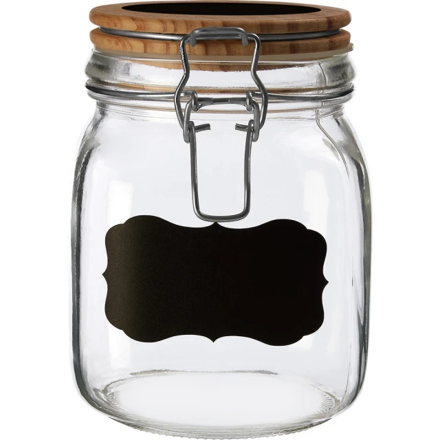 【Premier】標記扣式玻璃密封罐 木950ml(保鮮罐 咖啡罐 收納罐 零食罐 儲物罐)