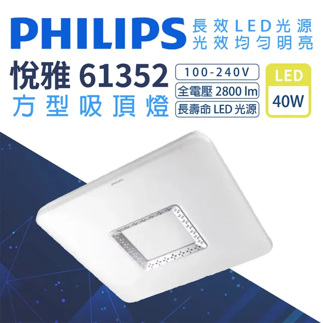 【Philips 飛利浦】悅雅 61352 方形吸頂燈 LED 40W 壁切四段(適用2~3坪)