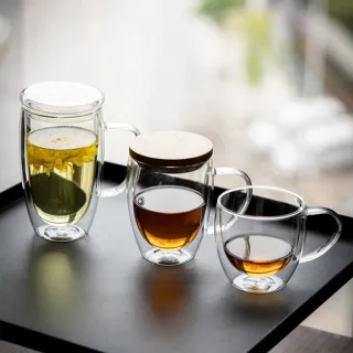 【Dagebeno荷生活】帶手柄雙層隔熱防燙高硼矽玻璃杯 耐冷熱咖啡杯茶杯-450ml二入(含杯蓋)