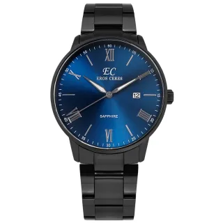 【EROS CERES】簡約時尚 羅馬刻度 藍寶石水晶玻璃 日期 不鏽鋼手錶 藍x鍍黑 43mm(GQ34328BK-BU)
