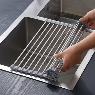 【YUNMI】不鏽鋼多功能洗碗槽捲簾式置物架 可折疊瀝水架 碗盤架 瀝水籃 蔬果架(47*36CM) 