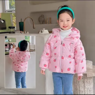 【時尚Baby】兒童羽絨外套 女童粉色草莓羽絨保暖外套(女小童裝秋冬厚外套 防風保暖外套)