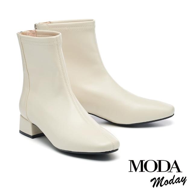 【MODA Moday】極簡柔美彈力純色方頭Q底低跟短靴(白)