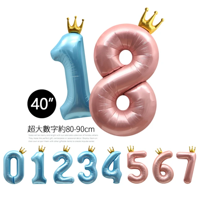 【野思】皇冠款 40吋超大數字氣球 天藍 玫紅 二色(氣球 生日氣球)