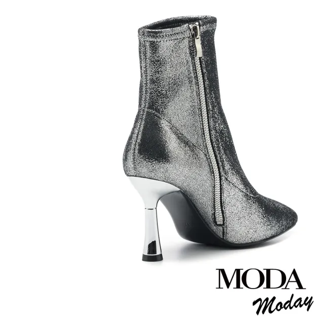 【MODA Moday】華麗復古風金蔥彈力羊皮尖頭美型高跟短靴(銀)