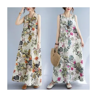 【漂亮小媽咪】夏日 度假風 印花 洋裝 棉麻 連身裙 無袖 露肩 亞麻 花朵