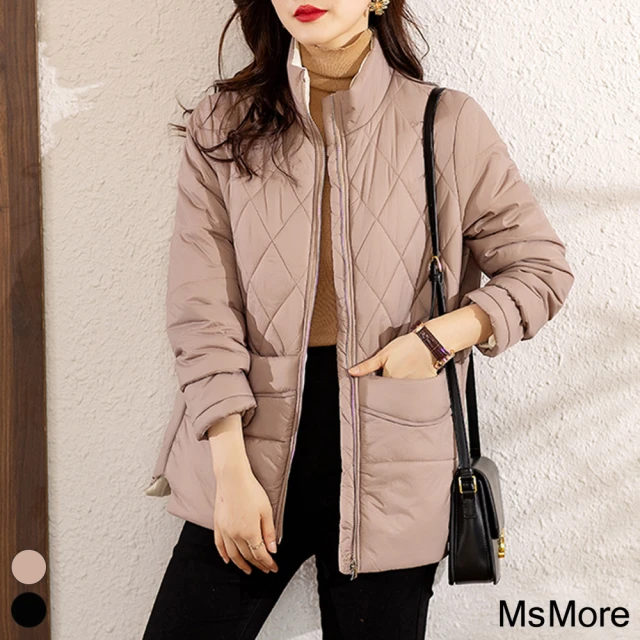 【MsMore】立領格子羽絨棉外套長袖俏麗輕盈保暖顯瘦短版外套#114678(2色)