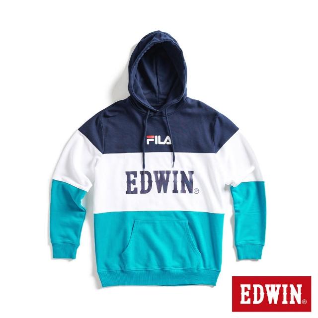 【EDWIN】x FILA聯名 男女裝 經典主義拼接休閒連帽長袖T恤(灰綠色)
