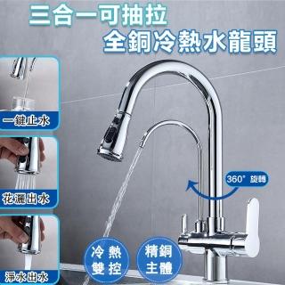【Felsted】全銅抽拉式冷熱水龍頭 廚房龍頭 三合一RO淨水直飲水龍頭(可旋轉/抽拉/淨水/A10)