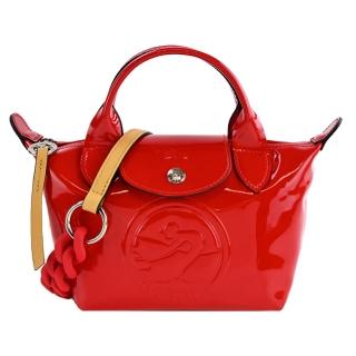 【LONGCHAMP】LE PLIAGE CUIR系列小牛皮漆皮壓印霧面防滑鍊帶兩用水餃包(迷你/朱紅)