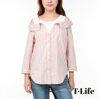 【T.Life】靜謐質感假兩件條紋前短後長造型上衣(2色)