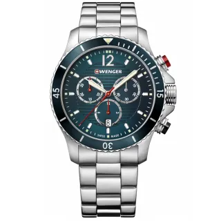 【WENGER 威戈】Seaforce 海神 三眼計時 潛水錶 日期 防水200米 不鏽鋼手錶 藍綠色 43mm(01.0643.115)