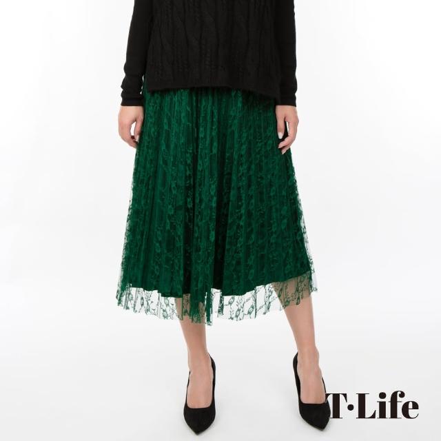 【T.Life】典雅氣質絨布蕾絲拼接壓折長裙(2色)