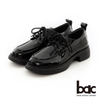 【bac】油蠟皮配色綁帶真皮綁帶厚底鞋(黑色)