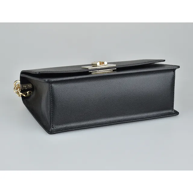 【FURLA 芙拉】FURLA 1927金字LOGO防刮牛皮旋扣式鏈帶斜背包(小/黑)