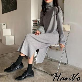 【HanVo】現貨 合身高領側開衩棉質刷毛長洋裝(韓版簡約修身顯瘦合身洋裝 韓系韓國女裝 女生衣著 A06-3615)