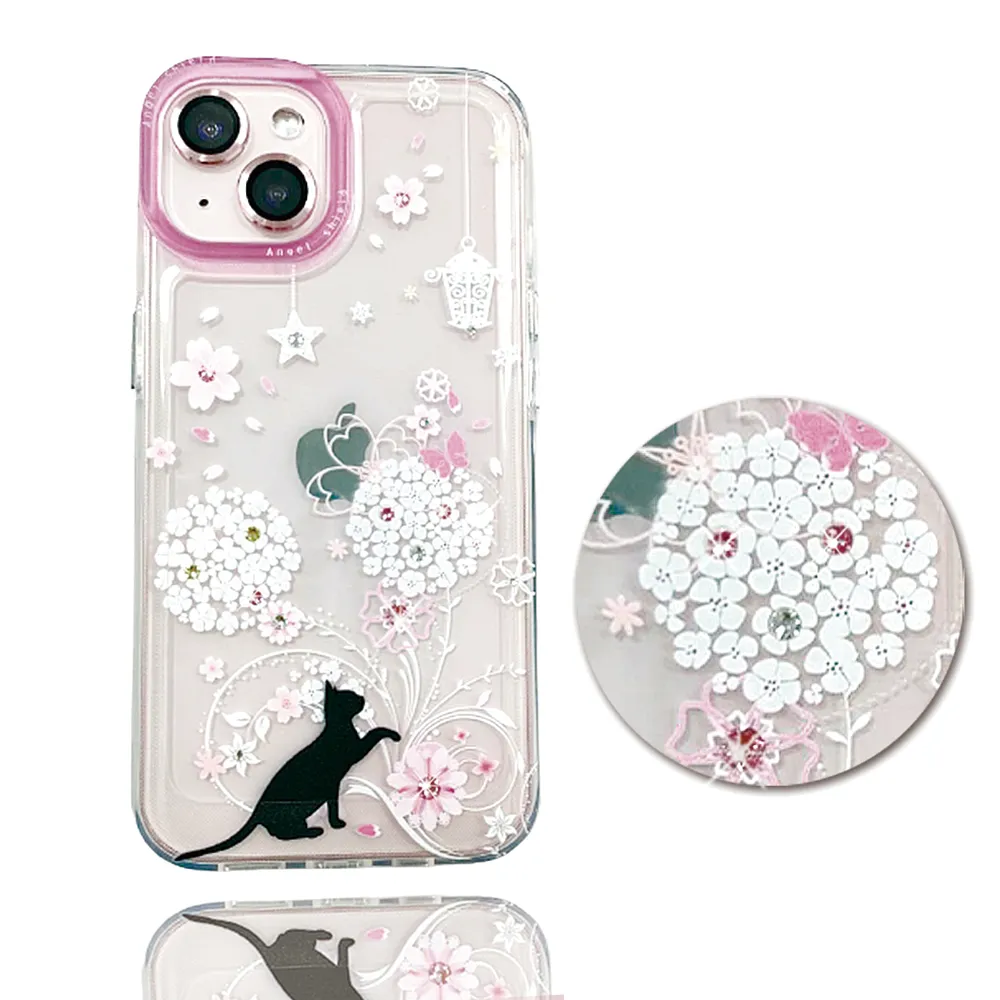 【HongXin】iPhone 14 6.1吋 軍規防摔 施華洛世奇彩鑽水鑽手機殼(繡球花貓)