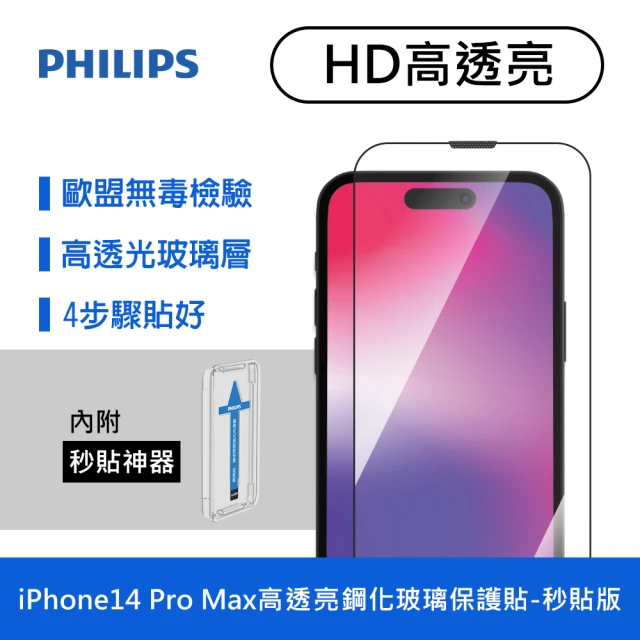 【Philips 飛利浦】iPhone 14 Pro Max 6.7吋 HD高透亮9H鋼化玻璃保護秒貼 DLK1206(適用iPhone 14 Pro Max)