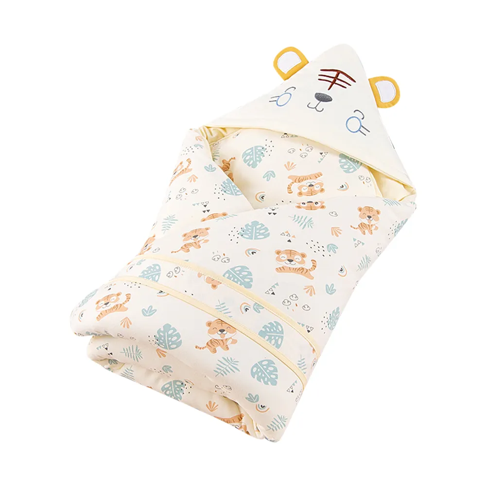 【JoyNa】新生兒加厚睡袋 保暖包巾 加厚鋪棉連帽虎耳朵抱被毯(夾層純棉.虎寶寶)