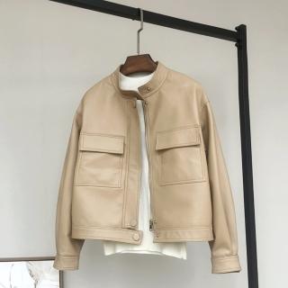 【巴黎精品】現貨+預購 真皮皮衣機車夾克(短版口袋立領羊皮機車夾克女外套2色v1ao6)