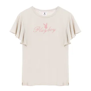 【PLAYBOY】荷葉邊袖子印花上衣(奶茶色)