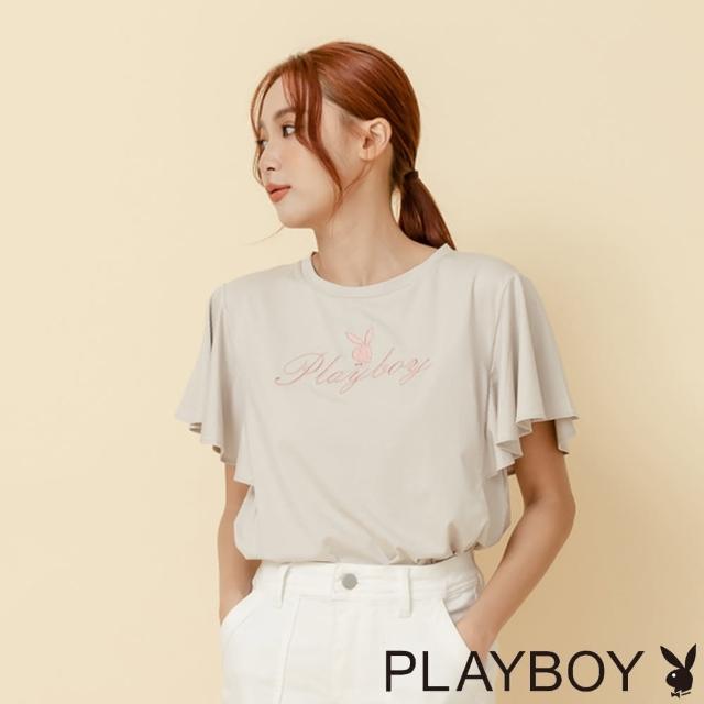 【PLAYBOY】荷葉邊袖子印花上衣(奶茶色)