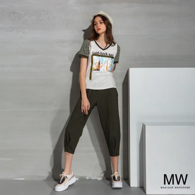 【MAGIQUE WARDROBE】V領拼接條紋印花上衣(綠白條紋)